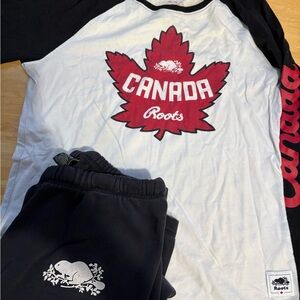 Roots Canada Black and White Pajama Set with Red Maple Leaf